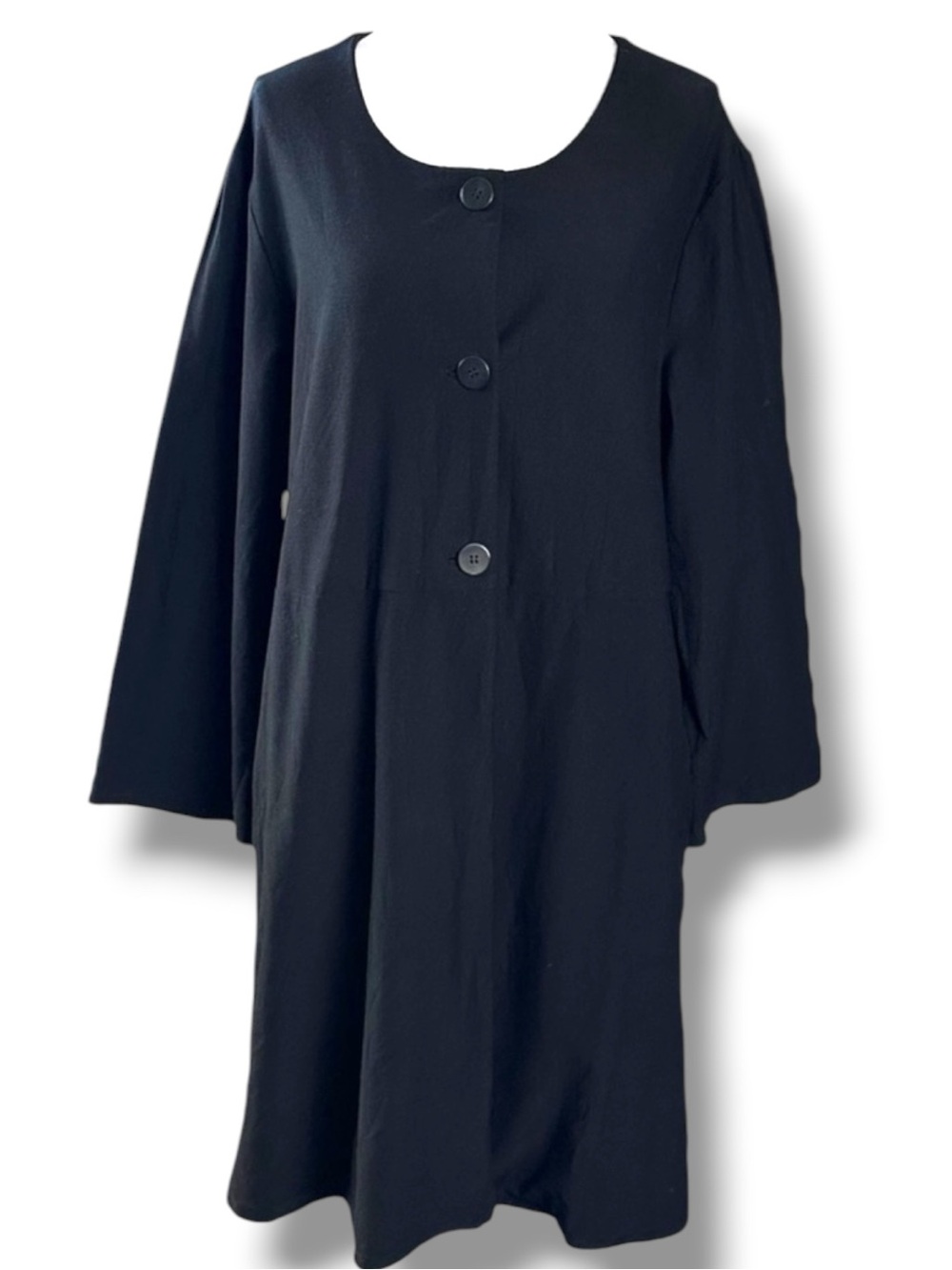 Eileen Fisher Black Swing Longline Blazer Jacket Size Large USA Stretch Vintage